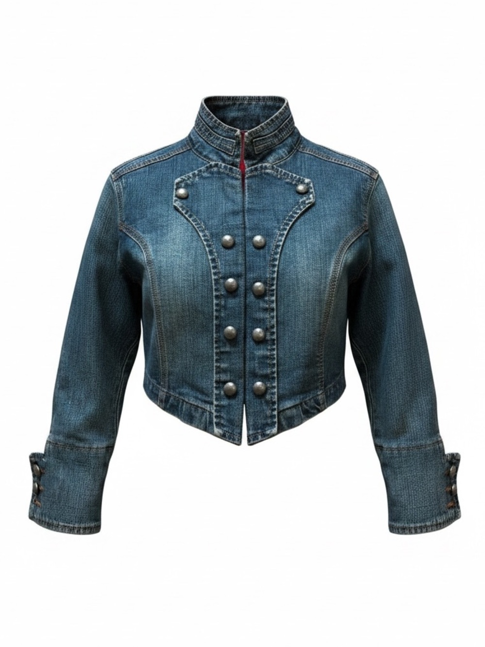 Vintage Y2K Miss Lili Military Cropped Denim Jacket Stud Buttons Baroque